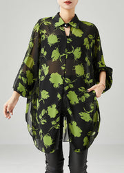 Green Print Chiffon UPF 50+ Shirt Tops Oversized Fall