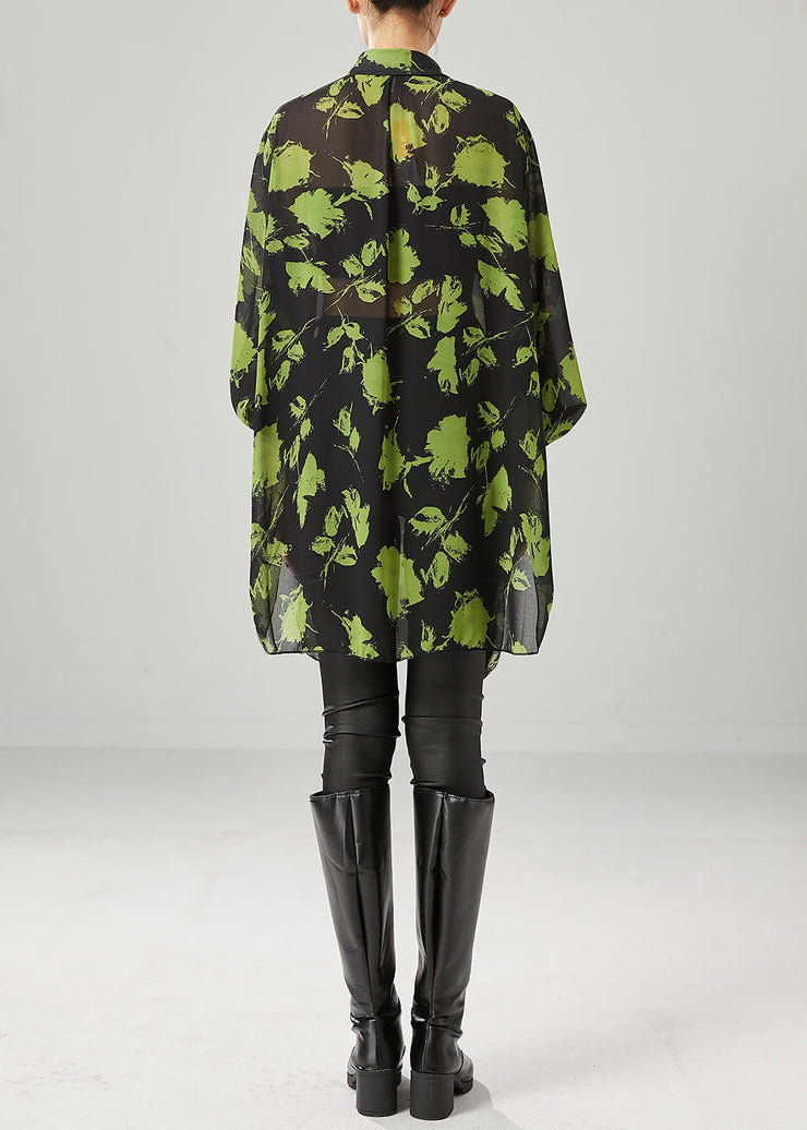 Green Print Chiffon UPF 50+ Shirt Tops Oversized Fall