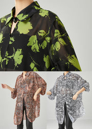 Green Print Chiffon UPF 50+ Shirt Tops Oversized Fall