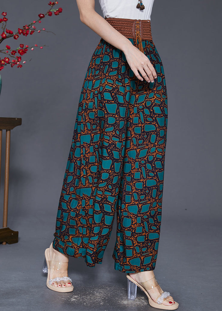 Green Print Chiffon Wide Leg Pants Draping Fall