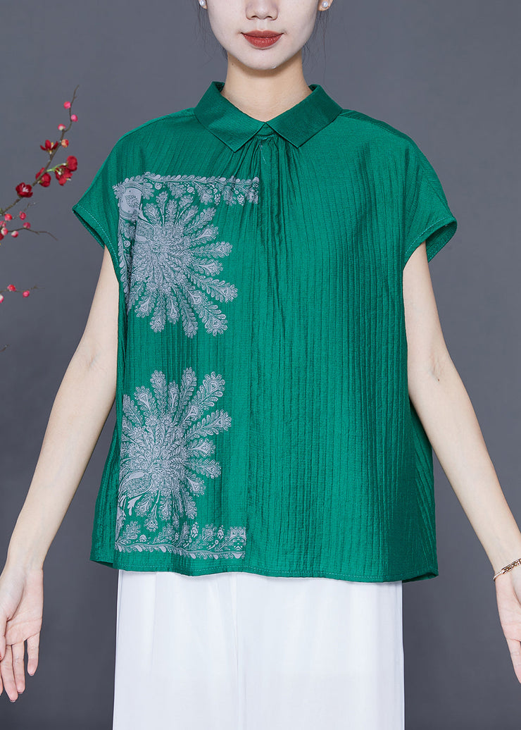 Green Print Cotton Shirt Top Asymmetrical Button Summer