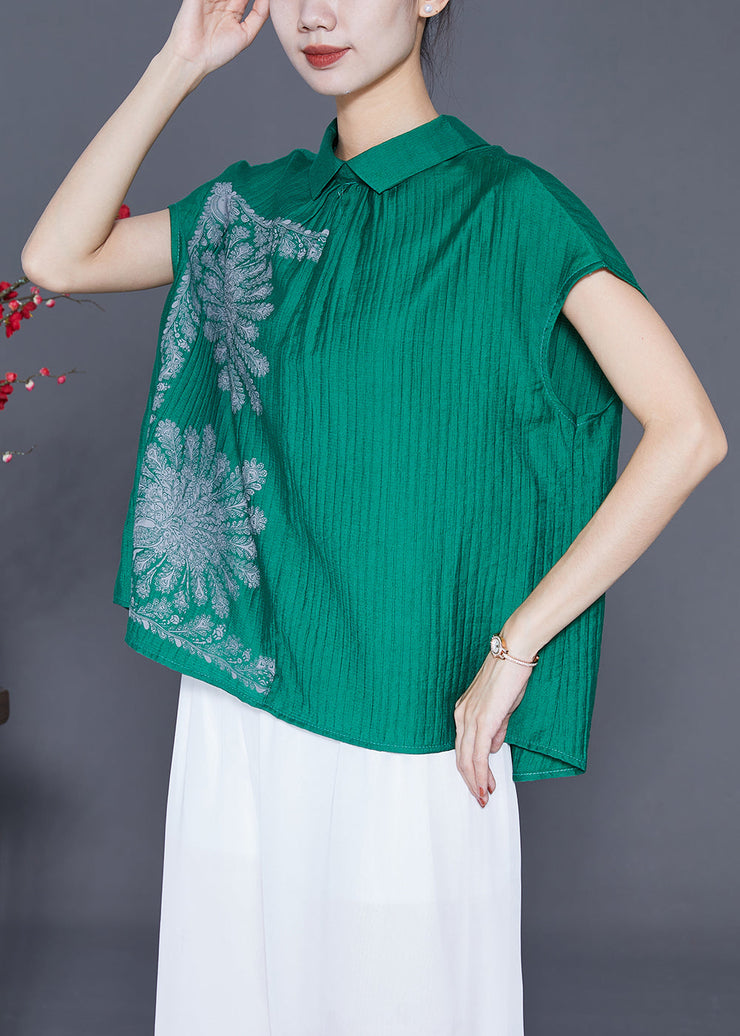 Green Print Cotton Shirt Top Asymmetrical Button Summer