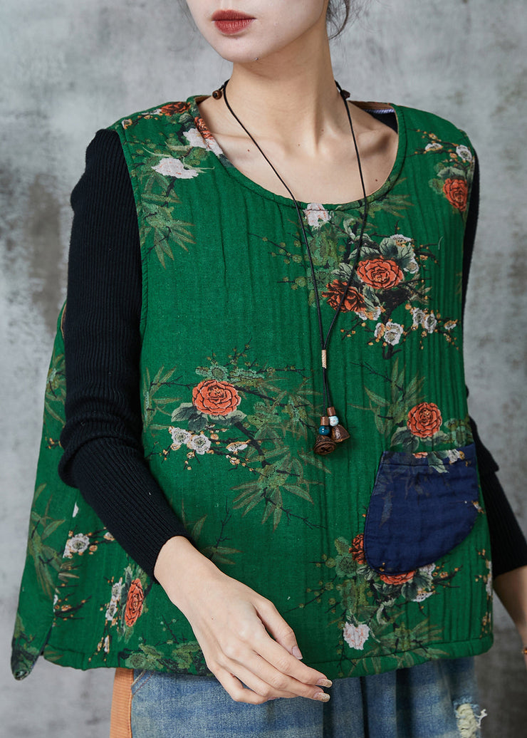 Green Print Fine Cotton Filled Vest Tops Oversized Spring