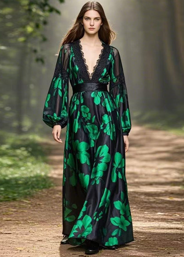 Green Print High Waist Silk Long Dress V Neck Spring