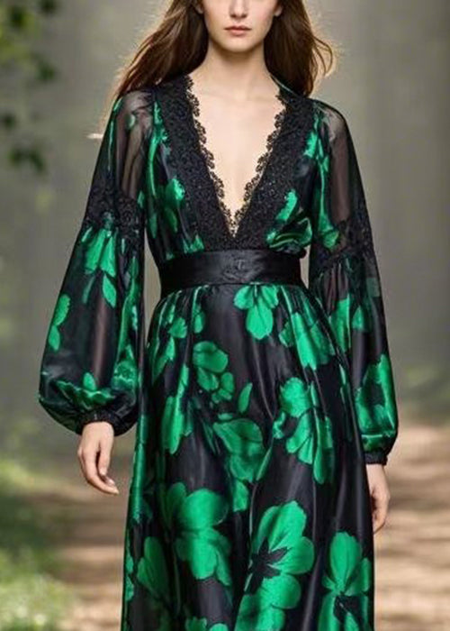 Green Print High Waist Silk Long Dress V Neck Spring