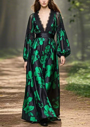 Green Print High Waist Silk Long Dress V Neck Spring