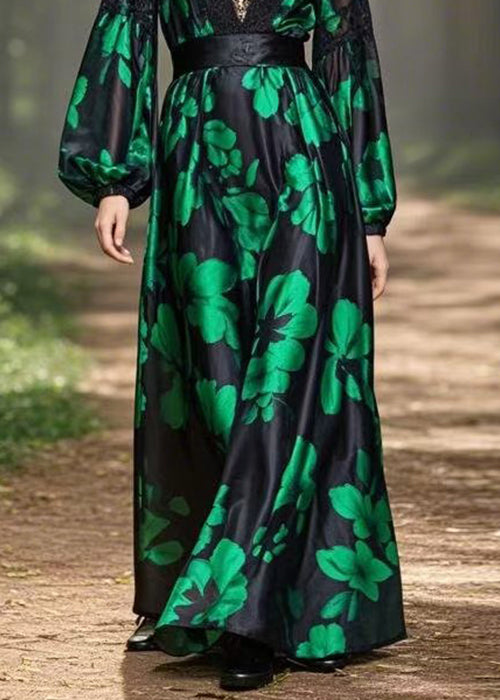 Green Print High Waist Silk Long Dress V Neck Spring