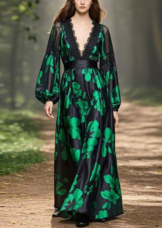 Green Print High Waist Silk Long Dress V Neck Spring