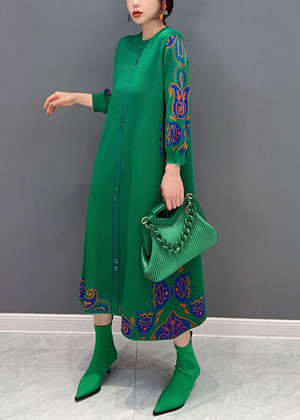 Green Print Knit Long Dresses O-Neck Slim Fit Spring