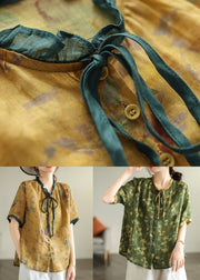 Green Print Linen Blouse Top Wrinkled Summer