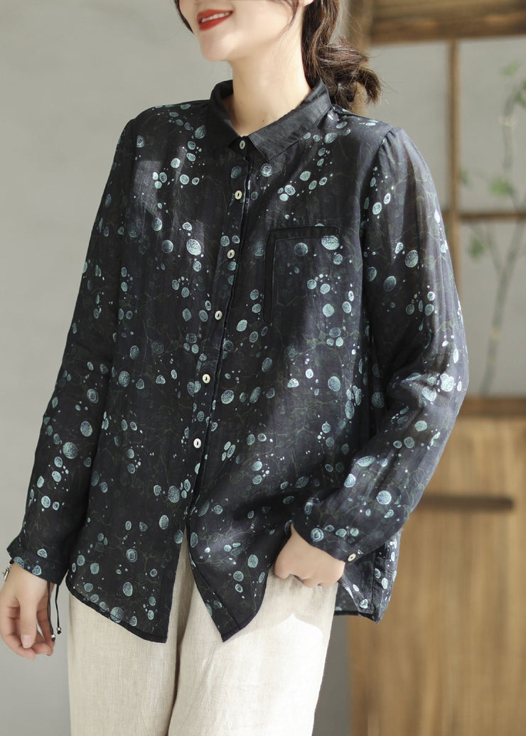 Green Print Linen Blouses Peter Pan Collar Long Sleeve