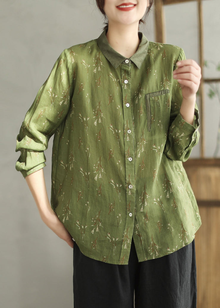 Green Print Linen Blouses Peter Pan Collar Long Sleeve