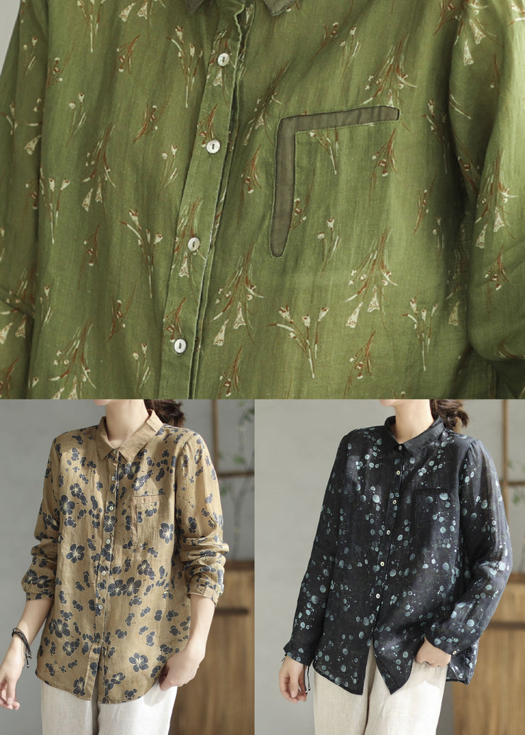 Green Print Linen Blouses Peter Pan Collar Long Sleeve