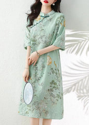 Green Print Linen Dresses Stand Collar Summer