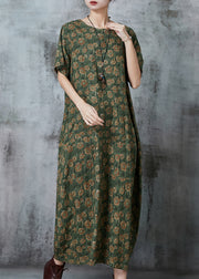 Green Print Linen Maxi Dresses Oversized Pockets Summer