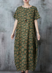 Green Print Linen Maxi Dresses Oversized Pockets Summer