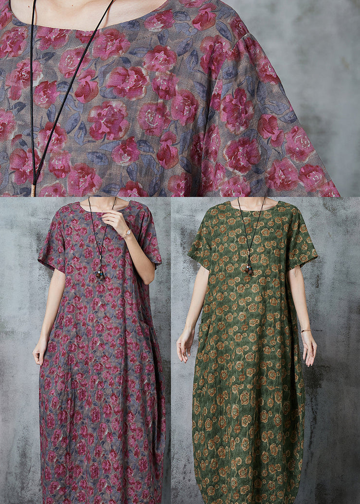 Green Print Linen Maxi Dresses Oversized Pockets Summer