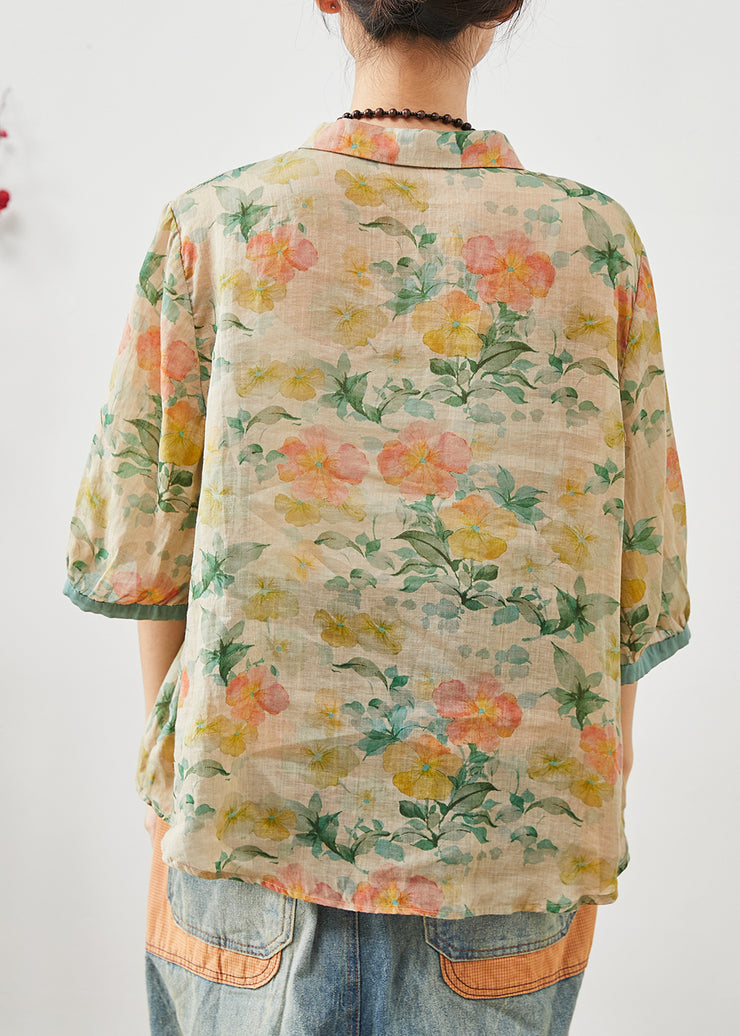 Green Print Linen Shirt Top Oversized Half Sleeve