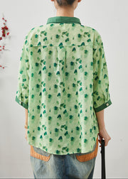 Green Print Linen Shirt Tops Peter Pan Collar Bracelet Sleeve