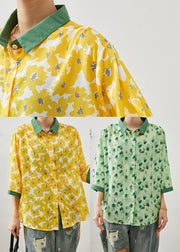 Green Print Linen Shirt Tops Peter Pan Collar Bracelet Sleeve