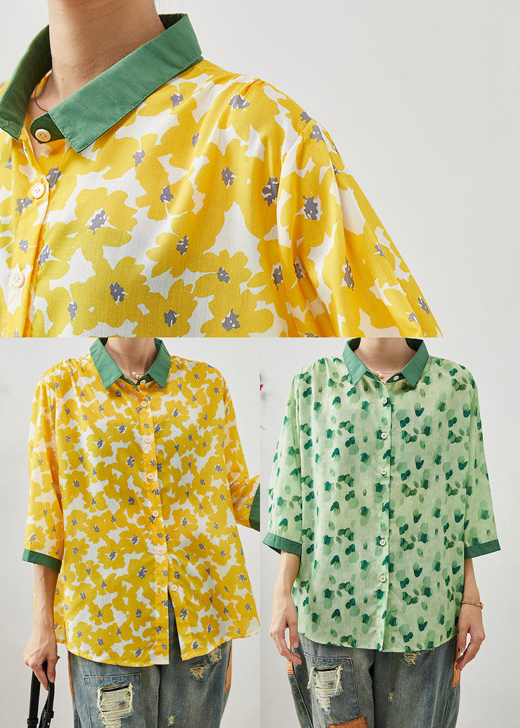 Green Print Linen Shirt Tops Peter Pan Collar Bracelet Sleeve