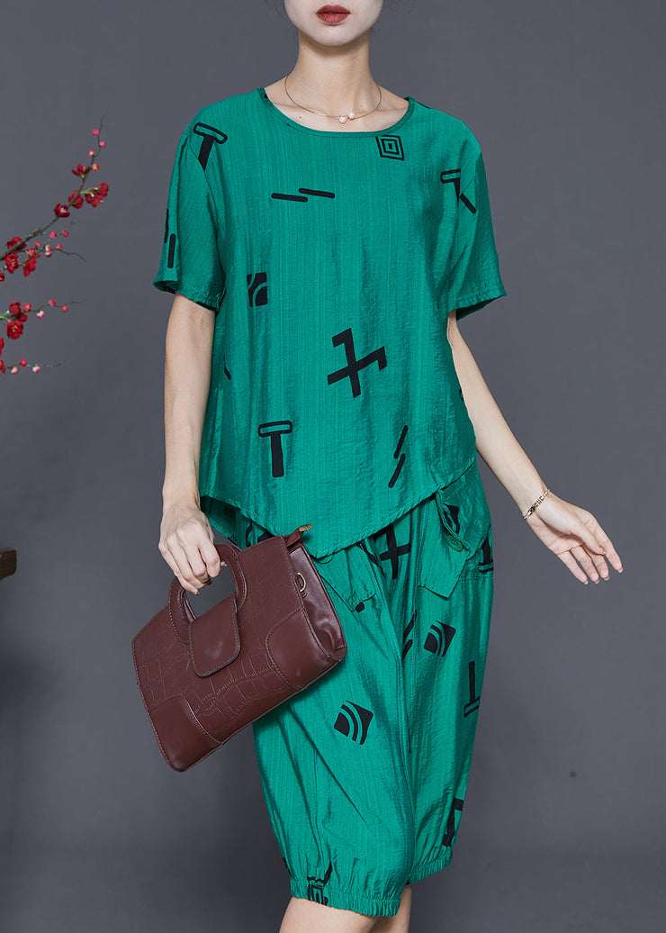 Green Print Linen Two Pieces Set Asymmetrical Summer