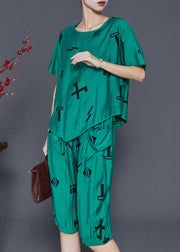 Green Print Linen Two Pieces Set Asymmetrical Summer