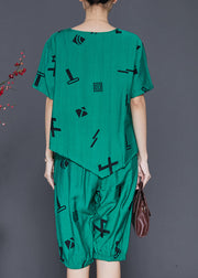 Green Print Linen Two Pieces Set Asymmetrical Summer