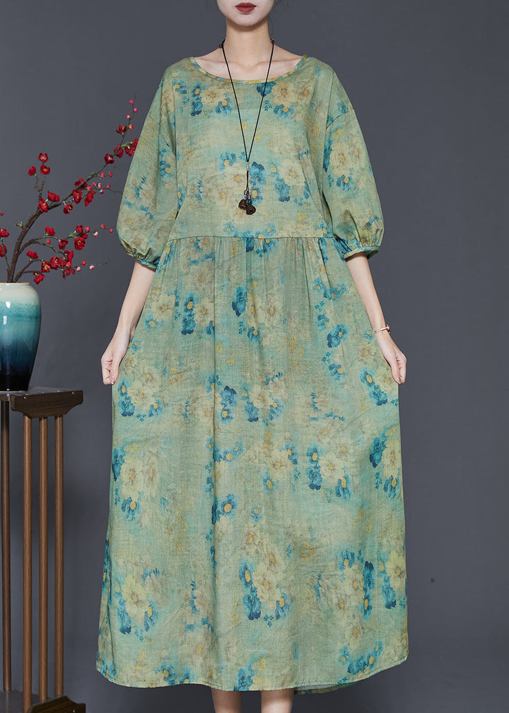 Green Print Linen Vacation Dresses Oversized Summer