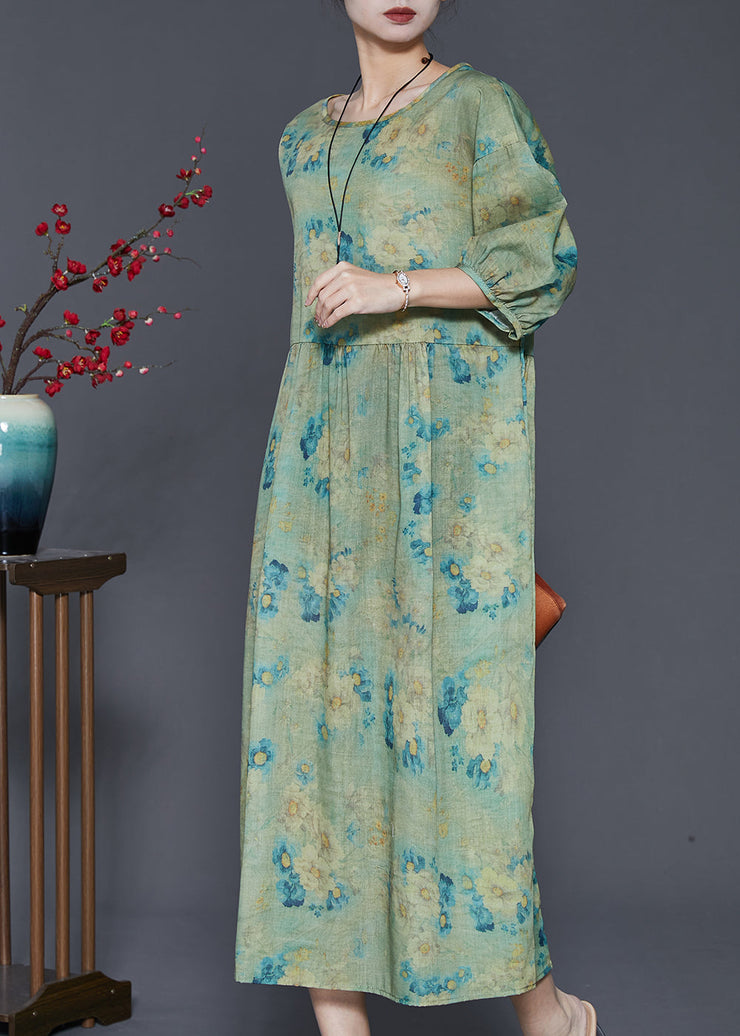 Green Print Linen Vacation Dresses Oversized Summer