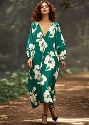 Green Print Oversized Chiffon Long Dress V Neck Spring