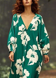 Green Print Oversized Chiffon Long Dress V Neck Spring