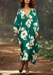 Green Print Oversized Chiffon Long Dress V Neck Spring