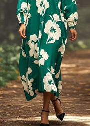 Green Print Oversized Chiffon Long Dress V Neck Spring