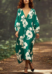 Green Print Oversized Chiffon Long Dress V Neck Spring