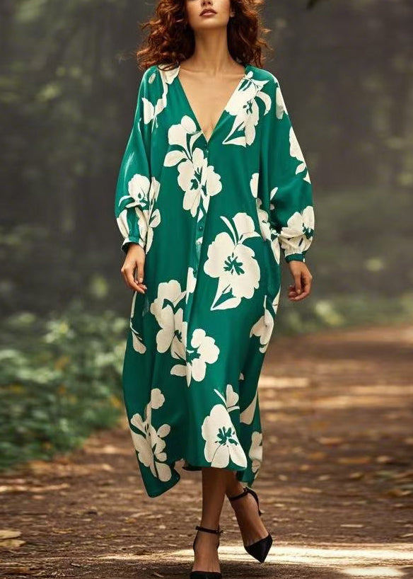 Green Print Oversized Chiffon Long Dress V Neck Spring