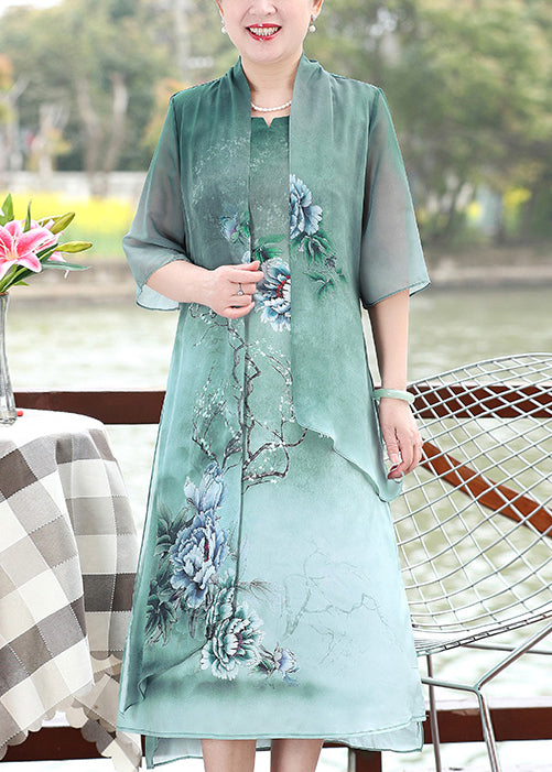 Green Print Patchwork Chiffon Dresses False Two Pieces Summer Half Sleeve