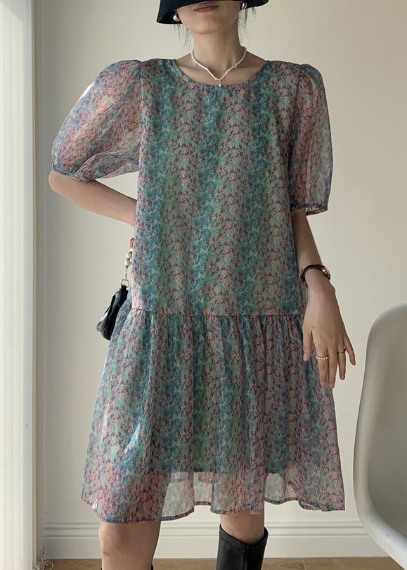 Green Print Patchwork Chiffon Mid Dress O Neck Puff Sleeve