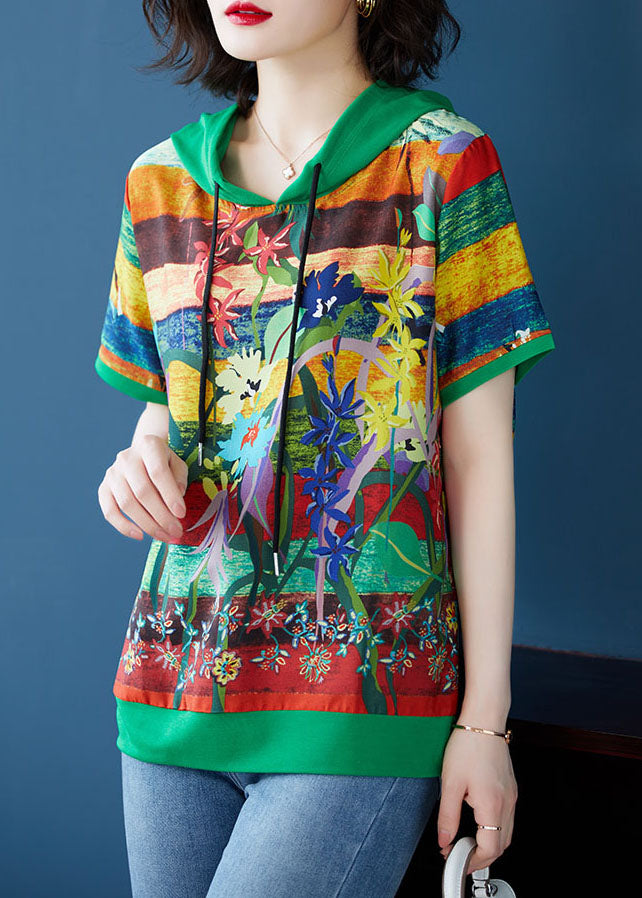 Green Print Patchwork Chiffon T Shirt Top Hooded Summer