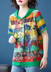 Green Print Patchwork Chiffon T Shirt Top Hooded Summer