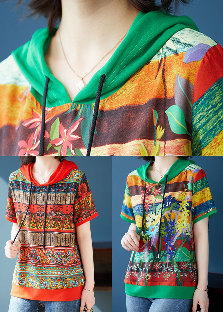 Green Print Patchwork Chiffon T Shirt Top Hooded Summer