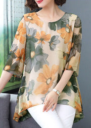 Green Print Patchwork Chiffon T Shirt Tops O Neck Summer