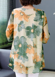 Green Print Patchwork Chiffon T Shirt Tops O Neck Summer