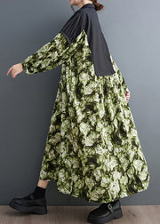 Green Print Patchwork Cotton Long Dresses Oversized Fall