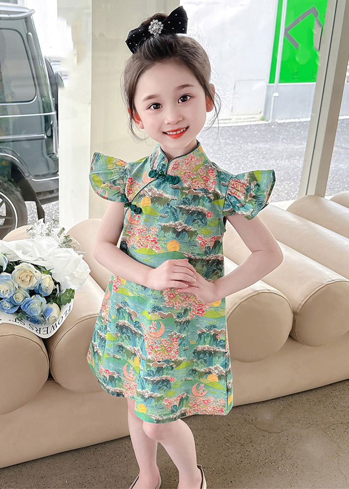 Green Print Patchwork Kids Vacation Mid Dress Short Sleeve