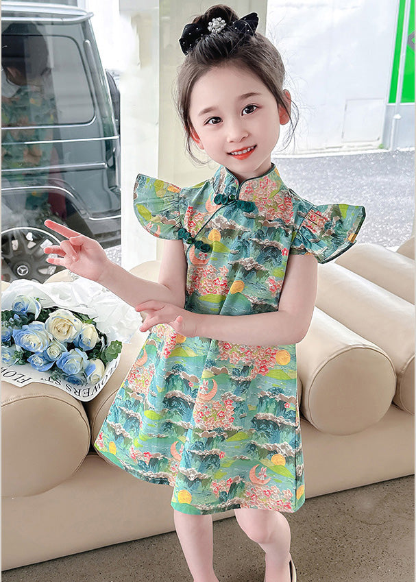 Green Print Patchwork Kids Vacation Mid Dress Short Sleeve