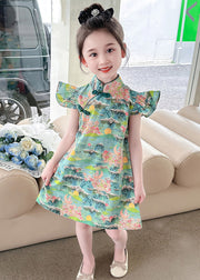 Green Print Patchwork Kids Vacation Mid Dress Short Sleeve