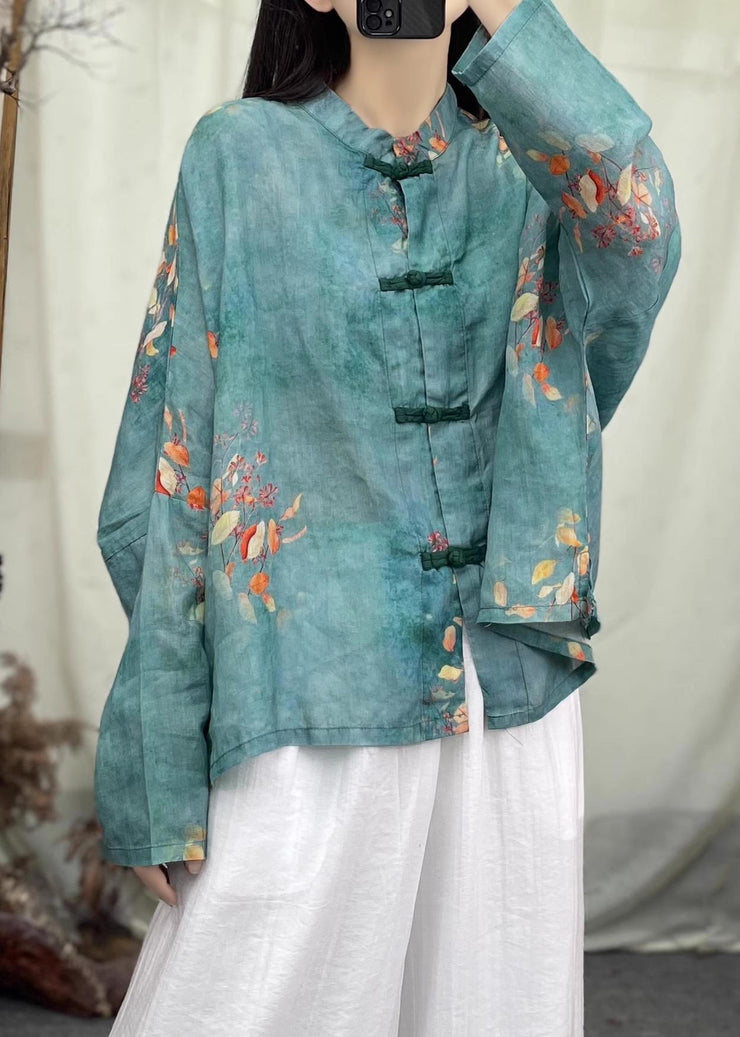 Green Print Patchwork Linen Coat O Neck Long Sleeve