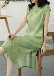 Green Print Patchwork Linen Dress Stand Collar Button Summer