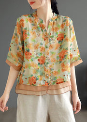 Green Print Patchwork Linen Shirt Top V Neck Button Half Sleeve